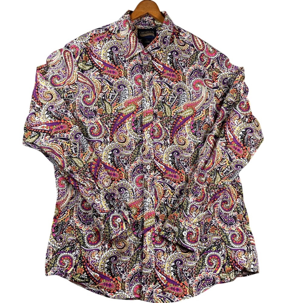Cremieux Button Down Shirt Mens Large Purple Paisley Premium Denim Long Sleeve - Picture 1 of 5